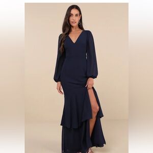 Lulus Tier Elegance Navy‎ Long Sleeve Tiered Maxi Dress